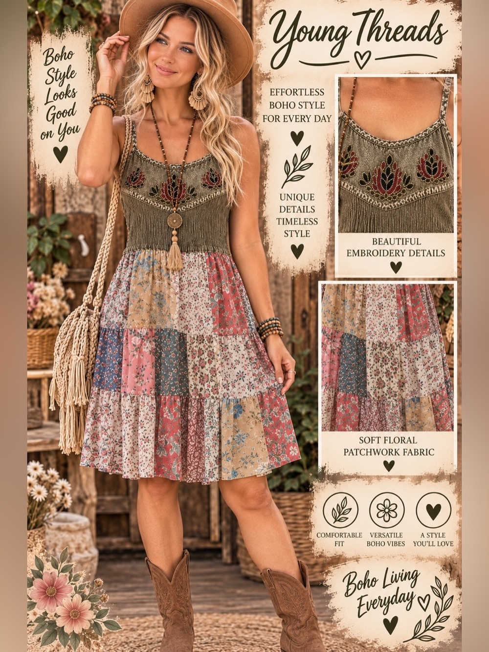 Young Threads Olive Floral Patchwork Mini Dress